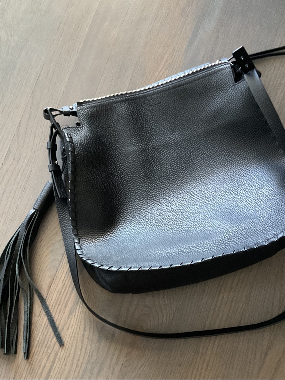 AllSaints Black Leather Crossbody with Tassel Detail